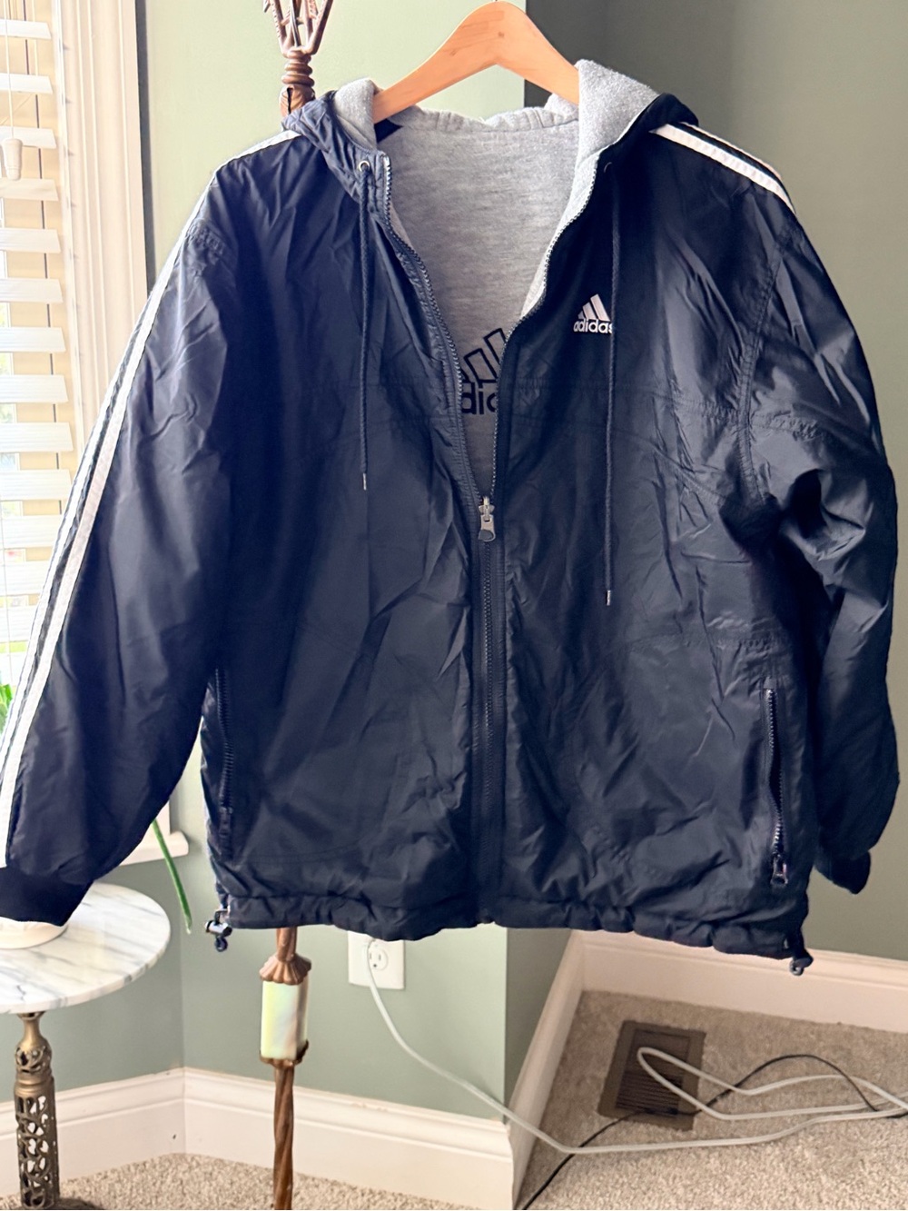GT-0094 | Vintage Adidas Reversible Hooded Jacket Black Gray 3-Stripe Size M